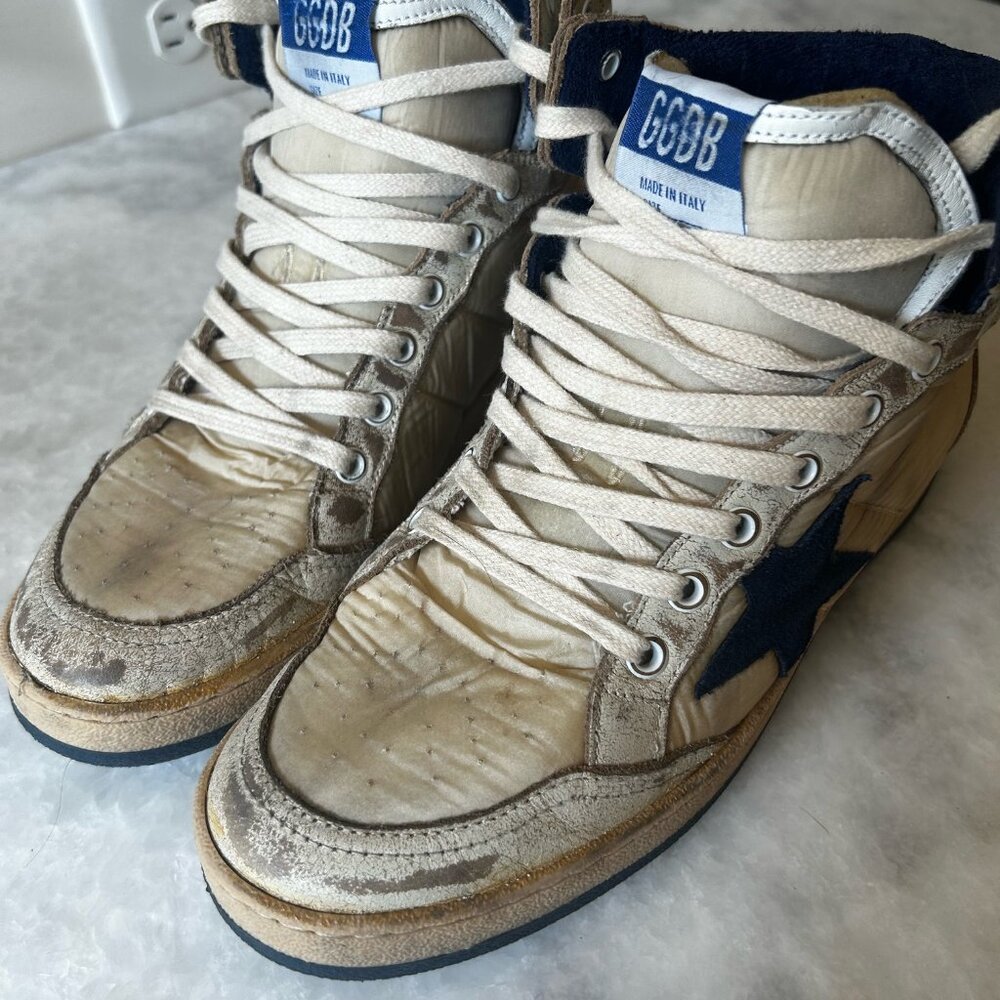 Golden Goose Beige and Navy High-Top Sneakers